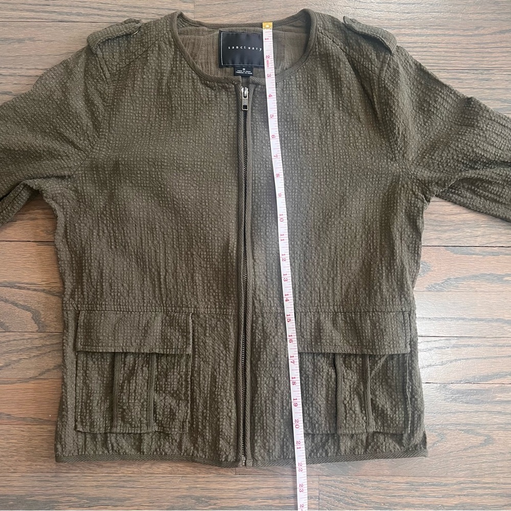 Sanctuary Utility Jacket Olive Green Full Zip Cotton Seersucker Collarless Med - Picture 6 of 7